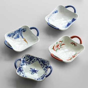 日本進口有田燒手繪藍青花雙耳缽淺口碟手工日式陶瓷餐盤平盤子