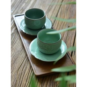 高檔陶瓷主人杯仿宋帶杯託中式茶盞套裝龍泉青瓷功夫茶具祥雲茶杯