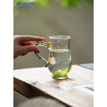 北大史綠茶專用玻璃茶杯高硼矽耐熱龍把水杯高顏值帶把透明泡茶杯