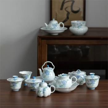 蒼藍花釉下彩手繪清新小藍花單個功夫茶具陶瓷茶壺泡茶器防燙過濾