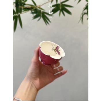 扶搖手繪胭脂紅高足杯手工釉上彩陶瓷品茗杯大容量高檔花口主人杯