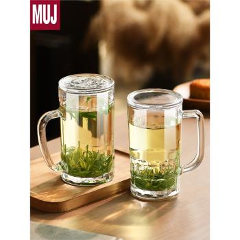 日本進口MUJ玻璃杯茶杯家用耐高溫鋼化防摔杯子帶把棋牌室茶樓專
