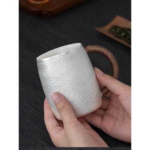 高檔錘紋啤酒杯銀水杯999純銀茶杯馬克杯家用純手工茶具多用銀杯|酒杯