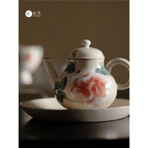 牡丹亭國風手繪釉下彩手繪陶瓷茶壺家用泡茶器功夫茶具錦繡芳華
