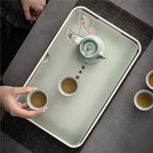 陶瓷創意茶盤家用小型茶臺茶托盤茶海長方形新款干泡儲水瀝水茶具