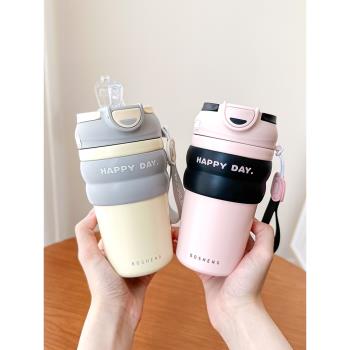 雙飲保溫杯高檔咖啡杯便攜隨行吸管水杯女不銹鋼保冷杯子男辦公室