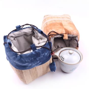 手工薴麻扎染茶具收納包茶壺布袋品茗杯茶杯袋日式旅行便攜茶具包