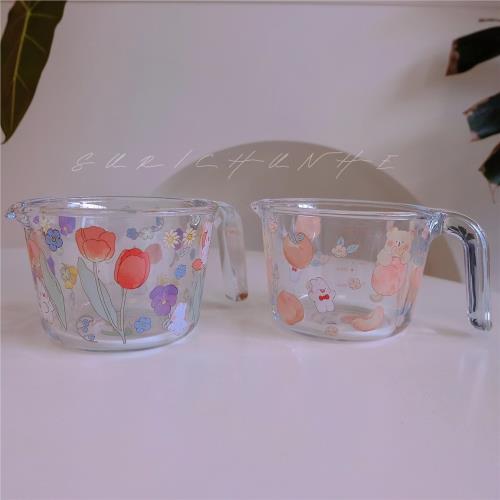 素日春和可愛卡通玻璃量杯帶刻度早餐杯度量烘焙打蛋大容量引流碗