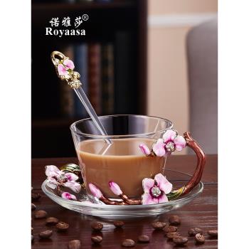 高檔琺瑯彩咖啡杯帶勺帶碟女網紅歐式小奢華玻璃咖啡具套裝優雅