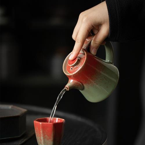 陶瓷茶壺手工刻繪鎏金礬紅小潘壺泡茶器郎窯綠單壺窯變茶壺