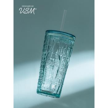 吸管杯西班牙進口vsm環保加厚浮雕玻璃冷飲果汁帶蓋可樂喝水杯子