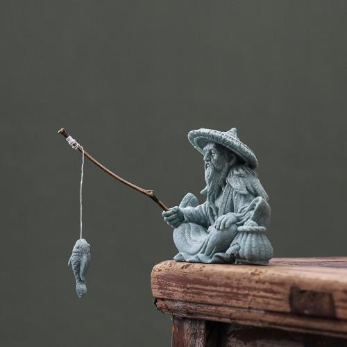 創意迷你姜太公垂釣茶寵擺件中式青砂石茶道裝飾趣味魚缸造景擺設|茶寵
