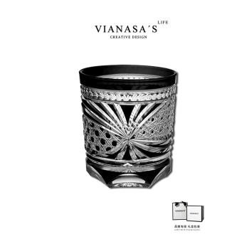 VIANASAS黑色雀翎洛克杯日本水晶玻璃威士忌杯手工高階洋酒杯子