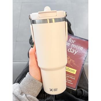 大容量雙飲保溫杯2025新款女士高顏值便攜吸管杯子車載手提咖啡杯
