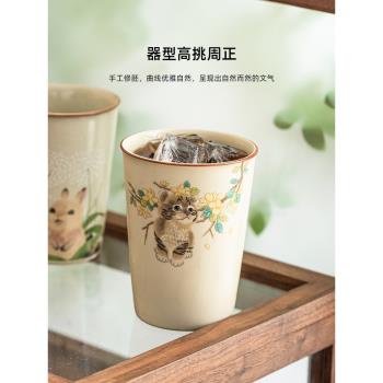 御貓汝窯茶杯陶瓷隨手杯家用大號可愛泡茶主人杯單杯功夫茶具禮盒