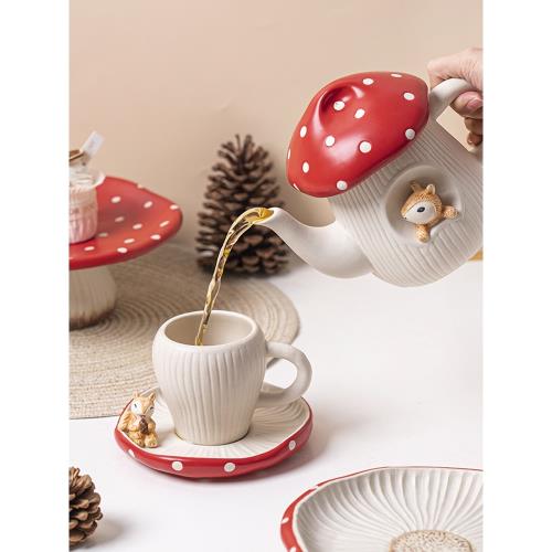 澤滕家高顏值可愛少女心紅蘑菇陶瓷花茶壺冷涼水飲具套裝家用卡通