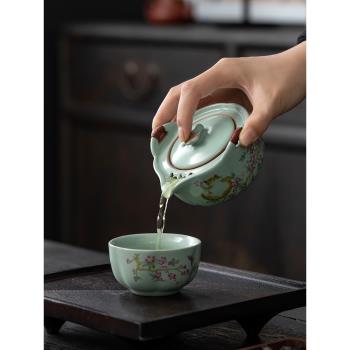 汝窯茶壺單個手抓壺小號一人家用女士天青色陶瓷青花瓷高檔泡茶器