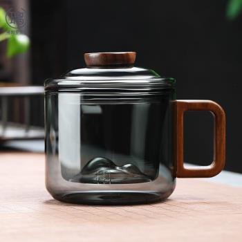 辦公玻璃茶杯透黑墩墩杯咖啡杯茶水分離辦公室專用高硼矽耐熱水杯