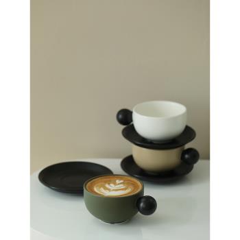 小球手柄咖啡杯 拼色大口拉花杯帶碟 中古居家咖啡角陶瓷杯300ml