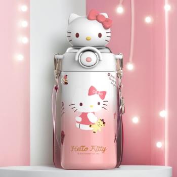 Kitty保溫杯女生高顏值學生凱蒂貓水杯雙飲kt吸管杯子公仔蓋水壺