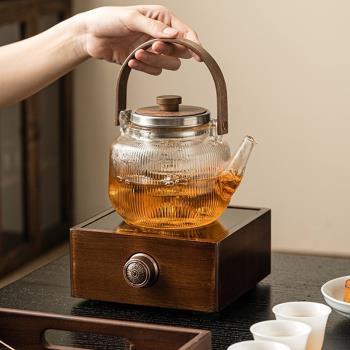 優格胡桃木電陶爐家用小型玻璃煮茶壺煮茶器耐高溫圍爐煮茶提樑壺