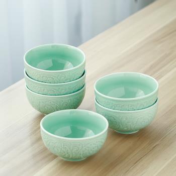 青瓷釉陶瓷碗花開富貴米飯碗湯碗6件套裝餐具
