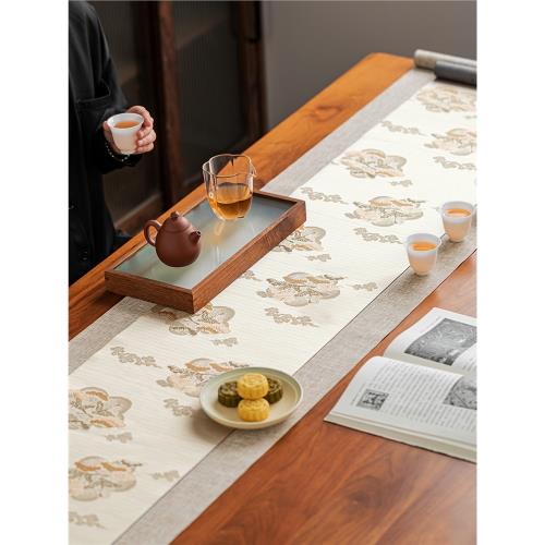 云松雙面復古織錦提花茶席日式禪意防水棉麻布桌旗新中式茶臺茶布