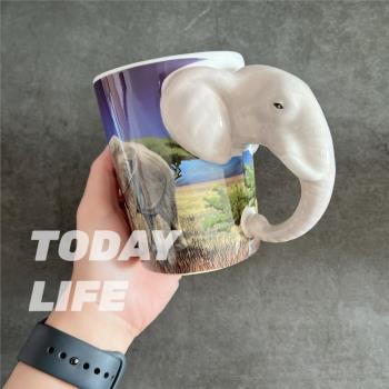 泰國手繪手工立體3D森林動物大象創意馬克杯陶瓷杯咖啡杯水杯