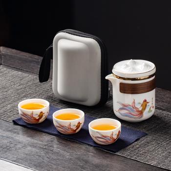 羊脂玉旅行茶具套裝便攜式白瓷快客一壺三杯陶瓷戶外露營功夫泡茶