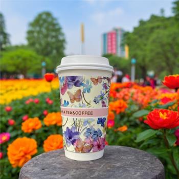 國風奶茶紙杯茉莉花加厚外賣防漏中空紙杯咖啡奶茶店專用果汁豆漿