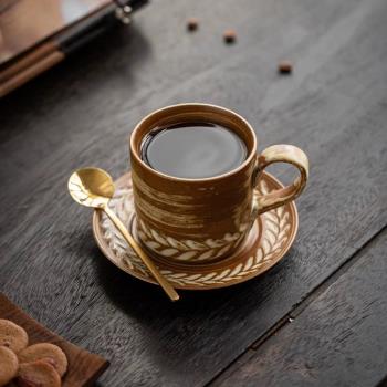 日式復古咖啡杯碟做舊粗陶咖啡杯陶瓷創意馬克杯中古拉花杯子禮物