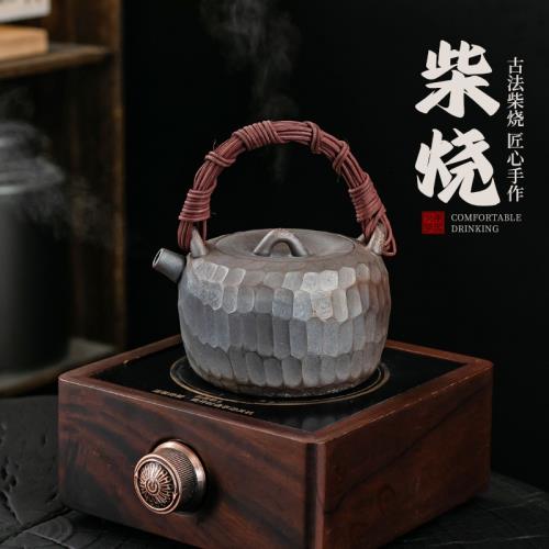 原礦柴燒日式錘紋陶瓷復古泡茶器煮茶單茶壺茶水壺提梁壺仿古茶壺