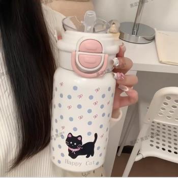 可愛小貓保溫杯新款女生高顏值水杯雙飲大容量316不銹鋼吸管杯子