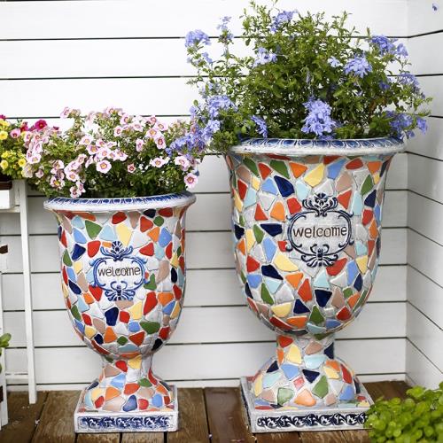 歐式庭院陽臺大口徑高腳杯花盆圣杯園藝室外擺件陶瓷馬賽克工藝品