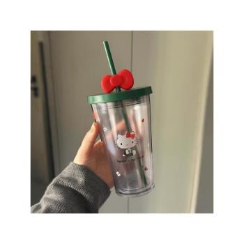 Hellokitty吸管杯聯名水杯ins同款凱蒂貓咖啡杯雙層加厚冷飲杯子