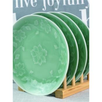 龍泉青瓷盤子 家用陶瓷菜盤7/8英寸4只纏枝牡丹浮雕深盤湯盤骨碟