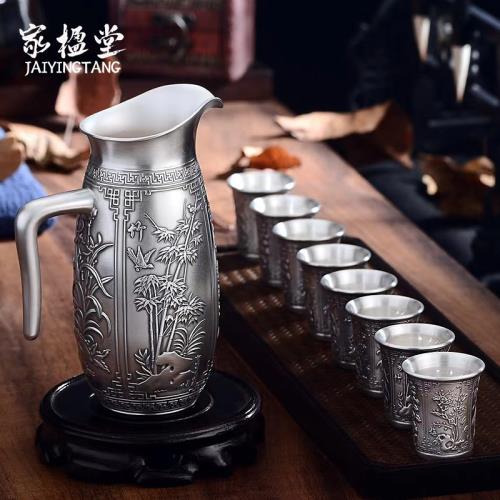 銀酒壺999足銀雪花銀分酒器銀酒壺套裝食用純銀酒壺百福龍鳳證書|分酒器