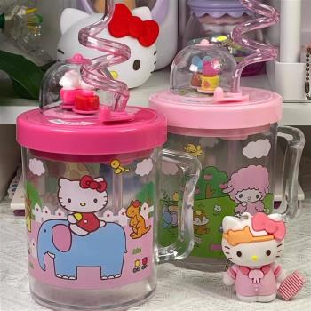 hellokitty旋轉水杯可愛凱蒂貓美樂蒂三麗鷗家用高顏值透明吸管杯