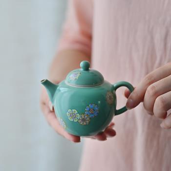 宮廷風復古皮球花松石綠礬陶瓷紅地茶壺中式小號單壺泡茶器