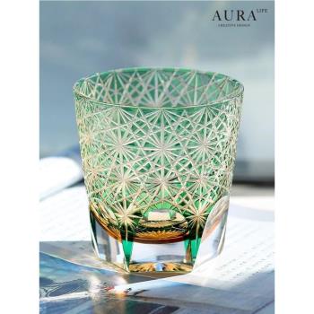 AURAS江戶切子綠雛菊水晶玻璃杯高階手工雕刻威士忌杯洋酒禮物杯