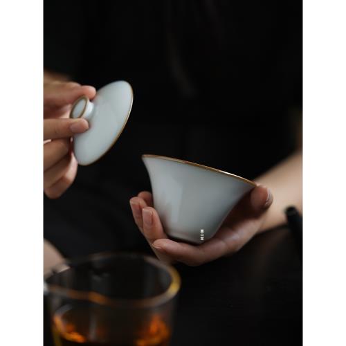 震山堂汝窯月白開片蓋碗單個小號100ml景德鎮高溫汝窯茶具手工