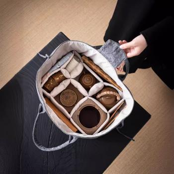 整套旅行茶具收納包超大號家用戶外便攜茶具大容量麻纖維布藝包