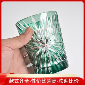 高顏值輕奢日式手工雕刻江戶切子杯大容量墨綠色水晶玻璃杯啤酒杯