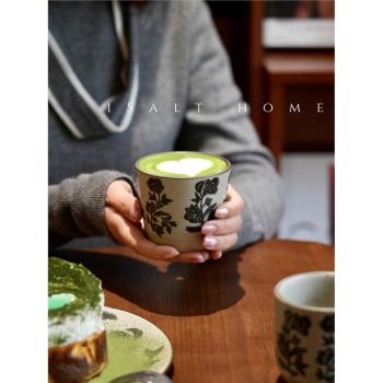 手作粗陶青花餐具黑玫瑰豬口杯咖啡杯復古手握杯茶杯餐盤碗耐高溫