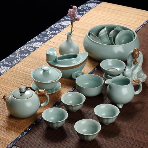 汝窯茶具套裝整套開片汝瓷冰裂釉陶瓷功夫茶具茶壺茶杯商用禮盒裝