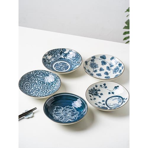 小鹿田燒日本進口染付5只盤子陶瓷日式餐具家用菜盤復古餐盤套裝