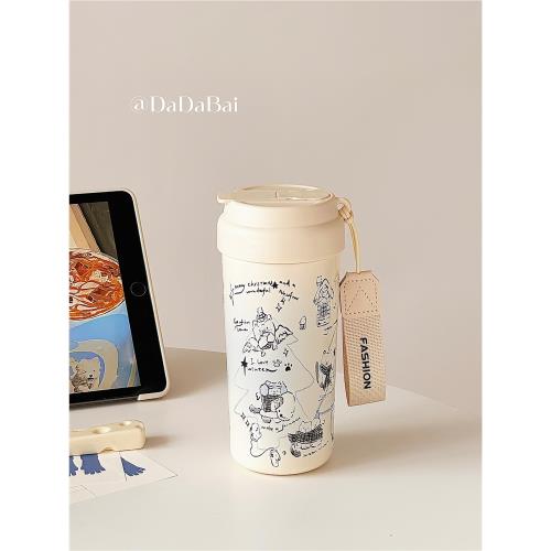 雪人貓咪陶瓷內膽保溫杯女2025新款高顏值便攜吸管杯子學生水杯