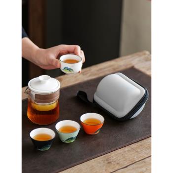 玻璃旅行茶具套裝便攜式小套旅遊一壺四杯露營快客杯隨身戶外泡茶