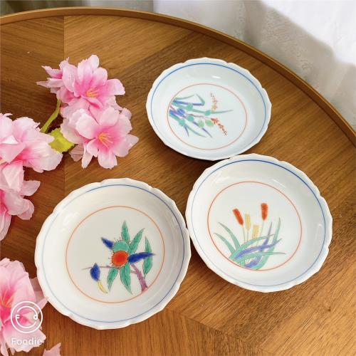 日本制  金標有田燒交趾釉花草葵口小碟茶托 蘸料碟茶點碟多用途