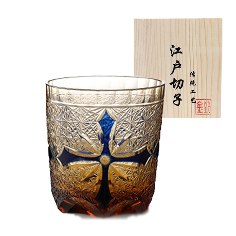 日式江戶切子手工雕刻水晶杯威士忌杯十字架傳統古典洋酒杯送禮|酒杯(新